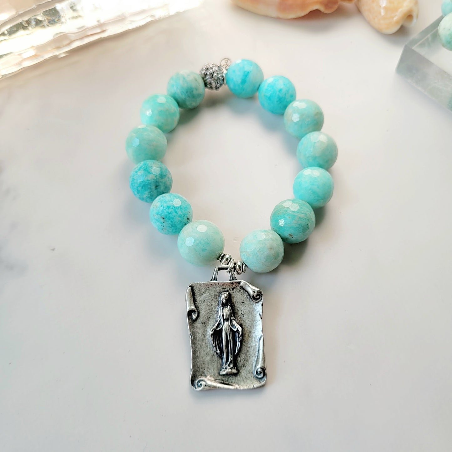 Brazilian Amazonite Faceted 14mm Beaded Bracelet w/ Miraculous Mary & St. Christopher Silver Plated Medal