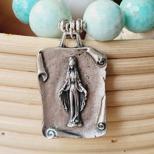 Brazilian Amazonite Faceted 14mm Beaded Bracelet w/ Miraculous Mary & St. Christopher Silver Plated Medal