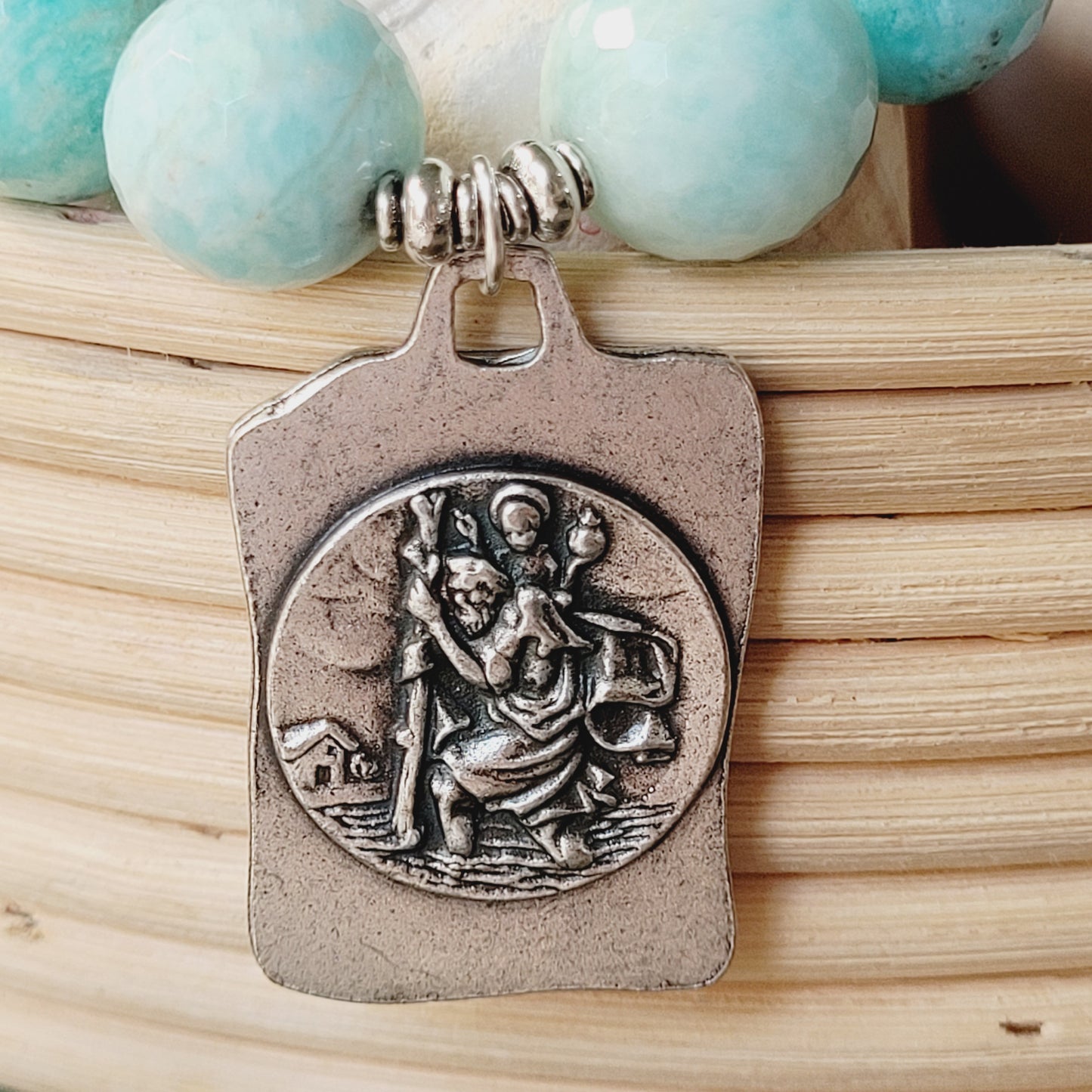 Brazilian Amazonite Faceted 14mm Beaded Bracelet w/ Miraculous Mary & St. Christopher Silver Plated Medal