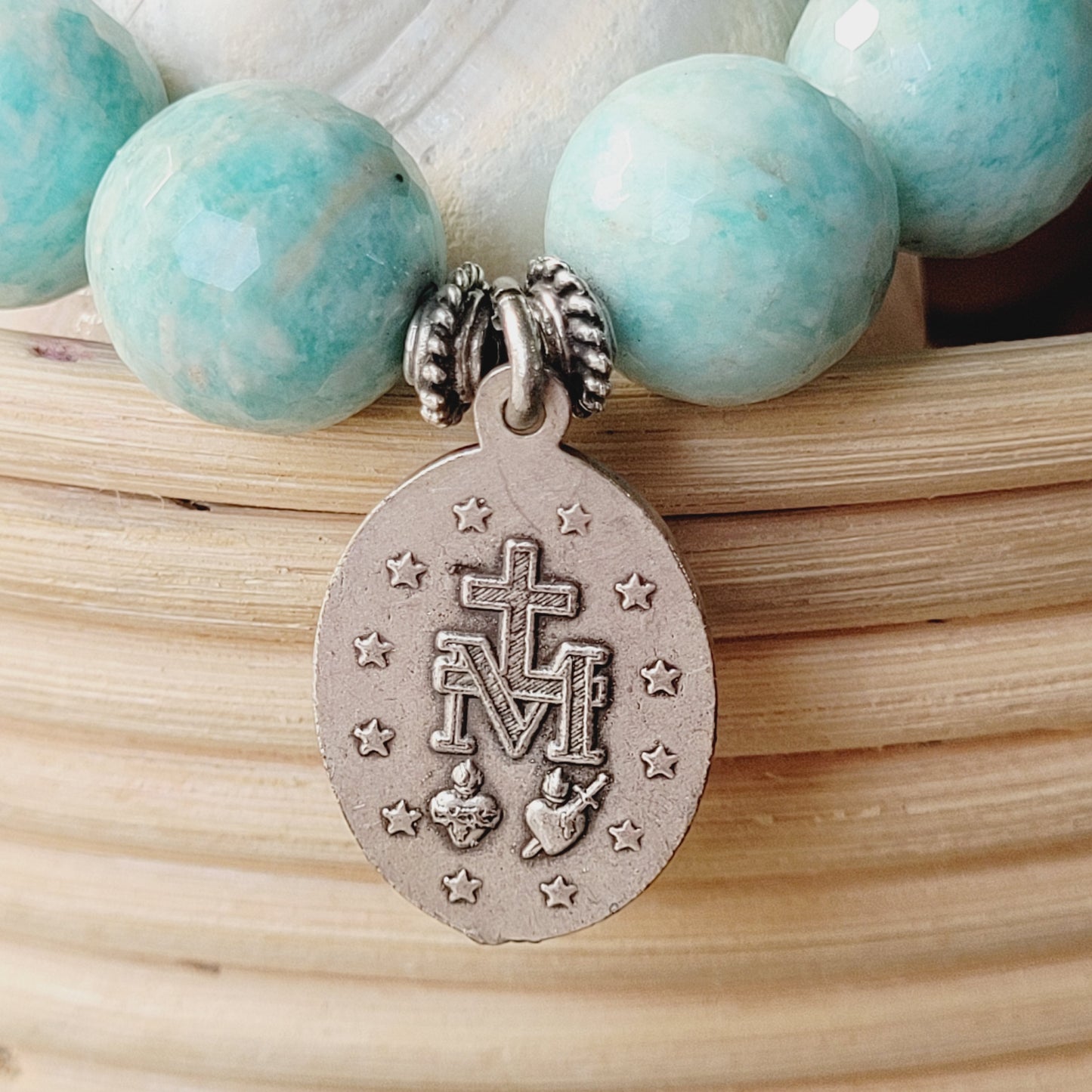 Brazilian Amazonite Faceted 14mm Beaded Bracelet w/ Deeply Embossed Silver Miraculous Medal
