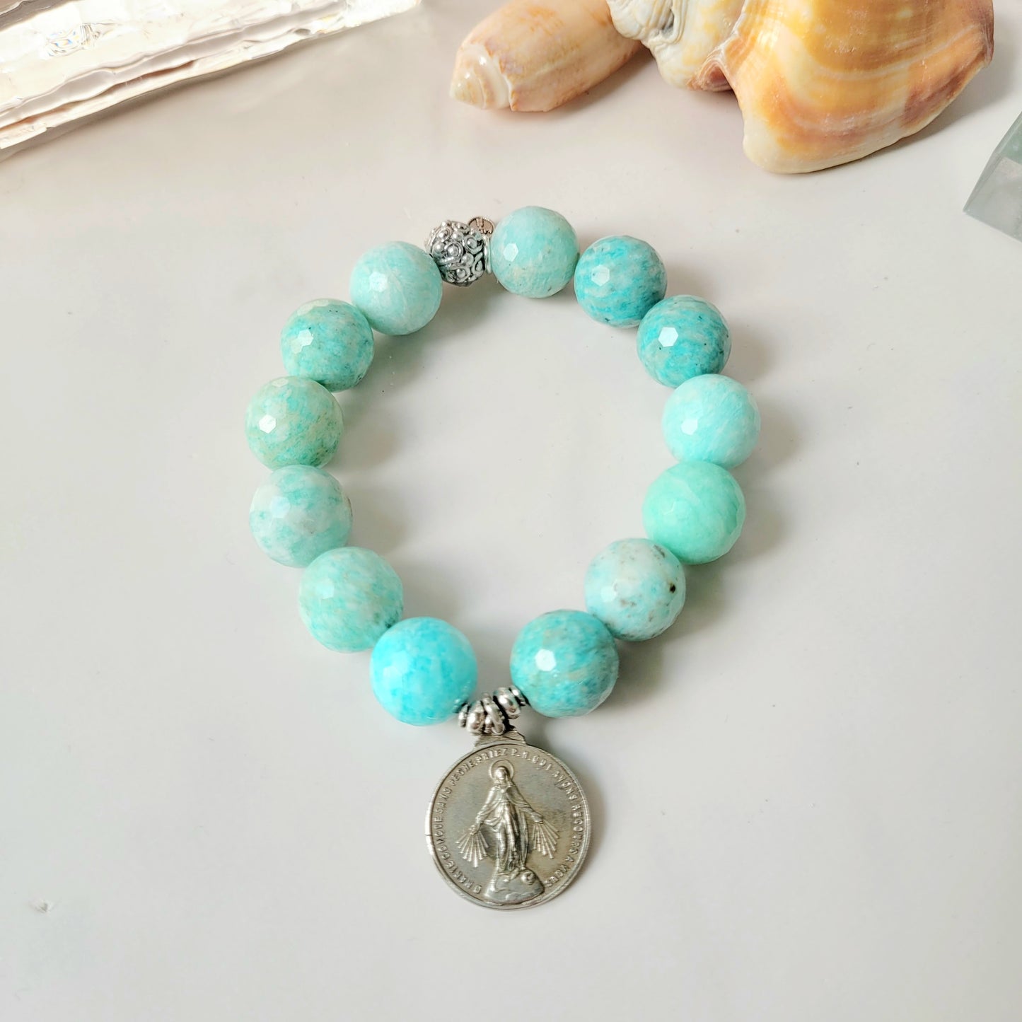 Brazilian Amazonite Faceted 14mm Beaded Bracelet w/ Large Silver Medal of Our Lady of the Miraculous Medal on front and St. Anthony of Padua on back