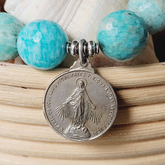 Brazilian Amazonite Faceted 14mm Beaded Bracelet w/ Large Silver Medal of Our Lady of the Miraculous Medal on front and St. Anthony of Padua on back