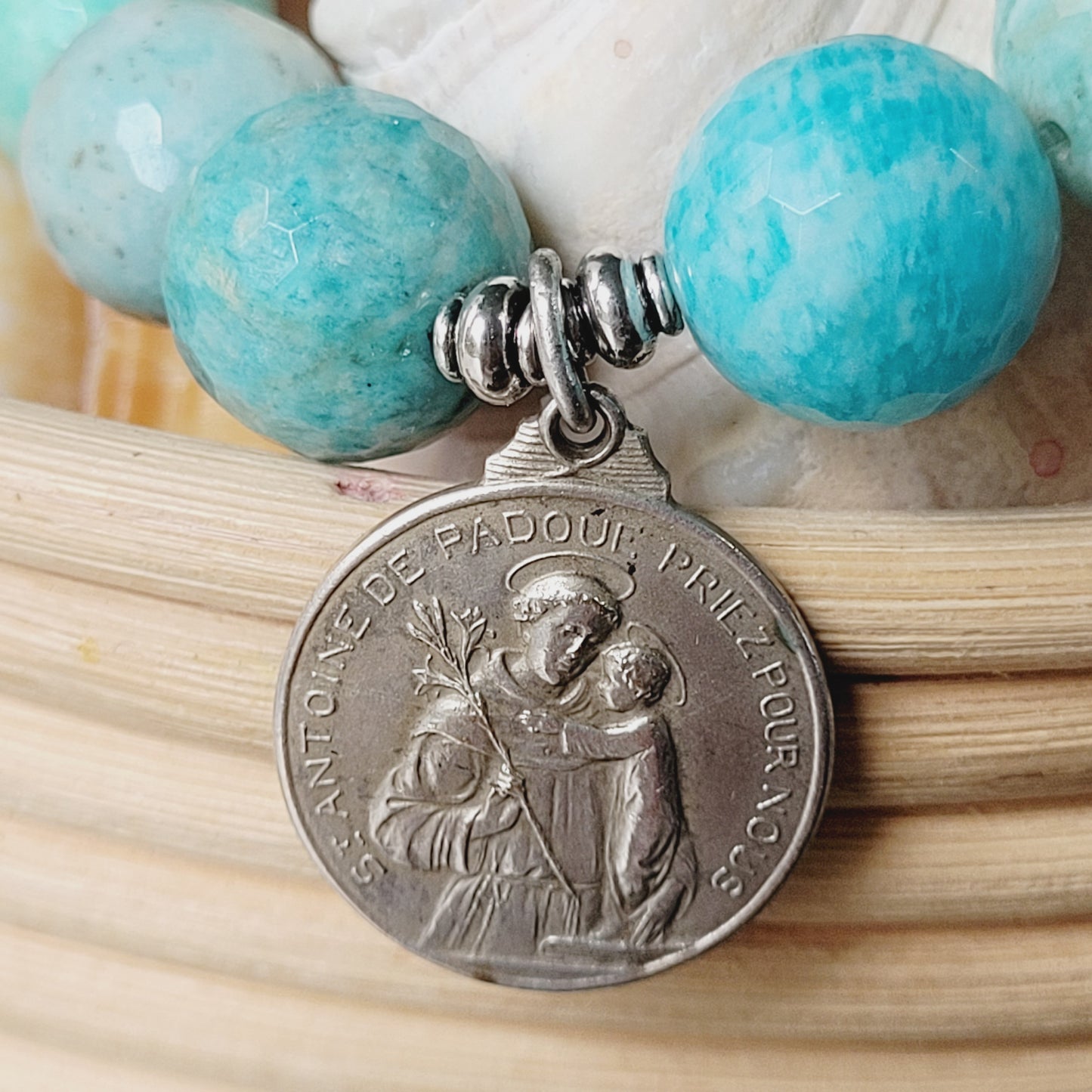 Brazilian Amazonite Faceted 14mm Beaded Bracelet w/ Large Silver Medal of Our Lady of the Miraculous Medal on front and St. Anthony of Padua on back
