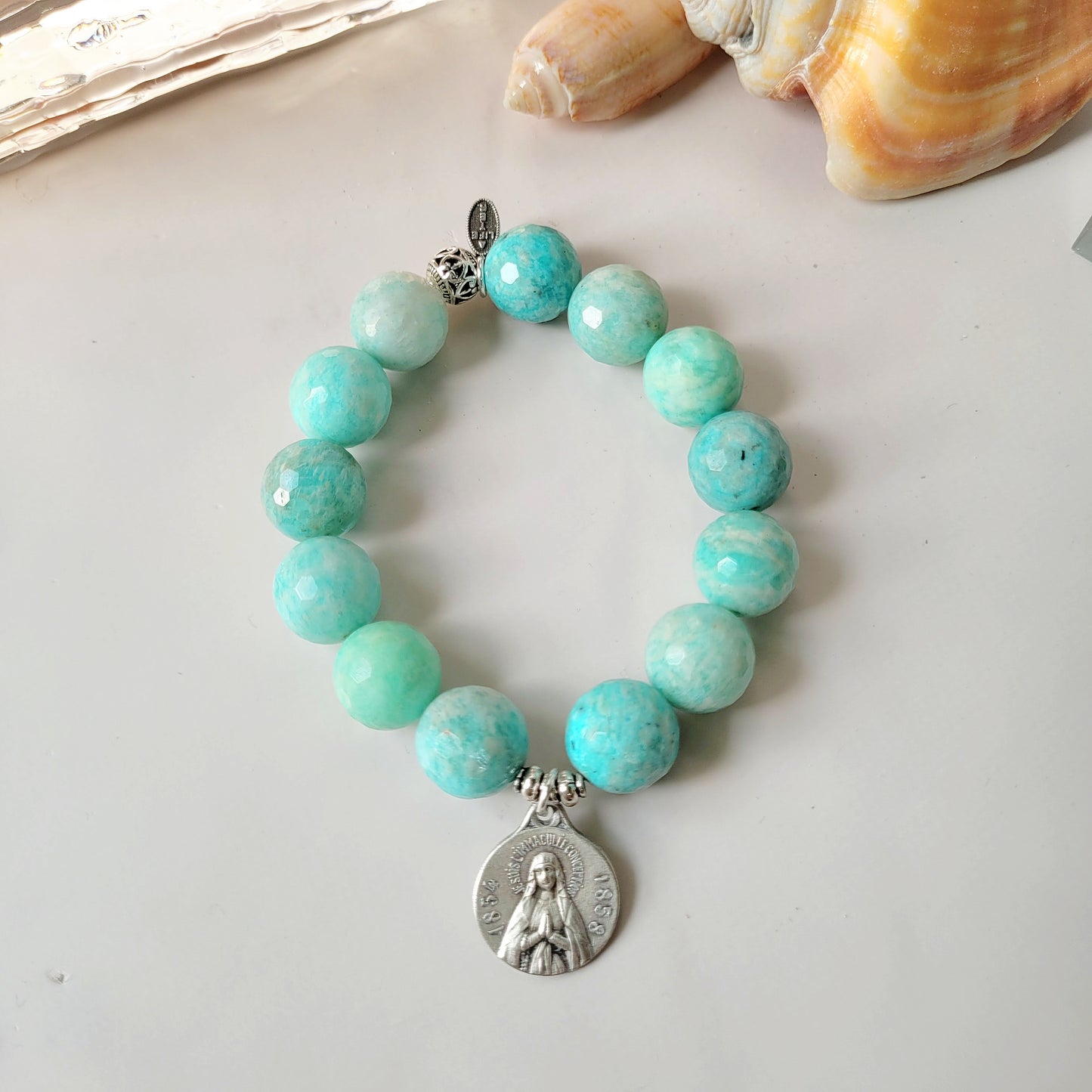 Brazilian Amazonite Faceted 14mm Beaded Bracelet w/ Signed Silver Medal of The Miraculous Medal of Mary
