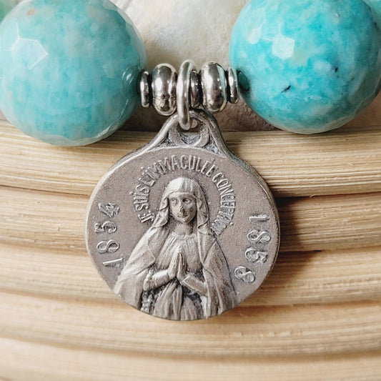 Brazilian Amazonite Faceted 14mm Beaded Bracelet w/ Signed Silver Medal of The Miraculous Medal of Mary
