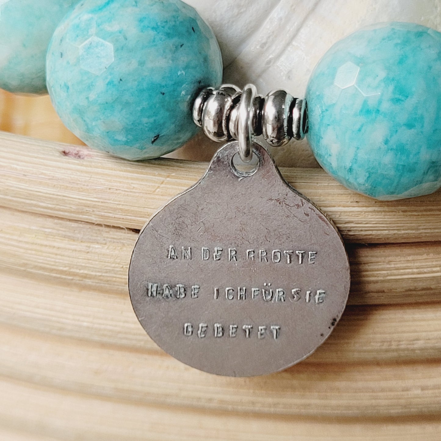 Brazilian Amazonite Faceted 14mm Beaded Bracelet w/ Signed Silver Medal of The Miraculous Medal of Mary