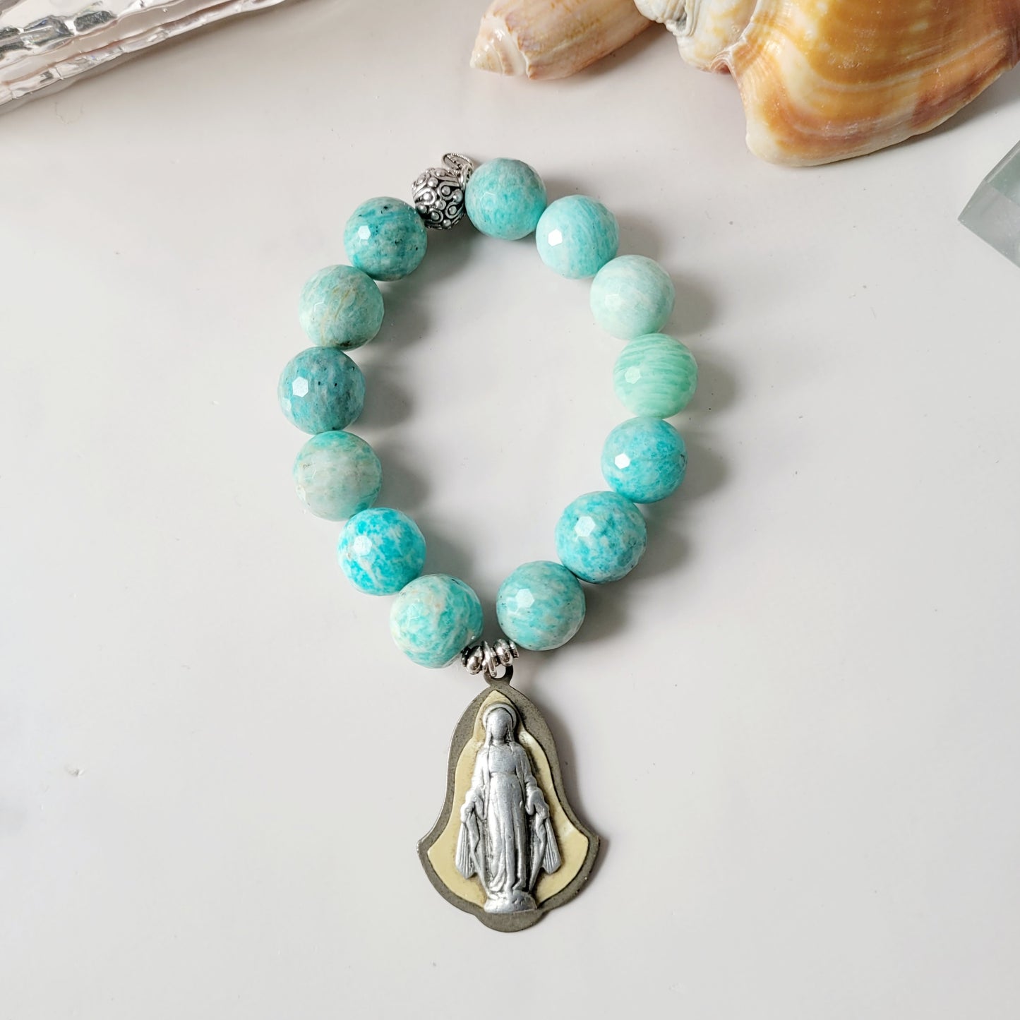 Brazilian Amazonite Faceted 14mm Beaded Bracelet w/ Large Silver Layered Bell Shaped Medal of The Miraculous Medal of Mary
