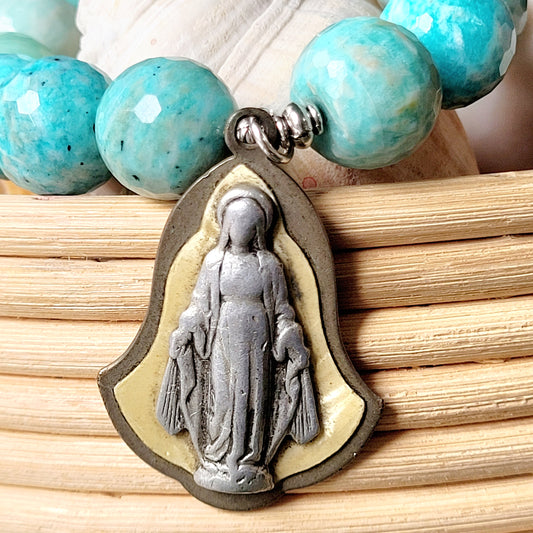 Brazilian Amazonite Faceted 14mm Beaded Bracelet w/ Large Silver Layered Bell Shaped Medal of The Miraculous Medal of Mary