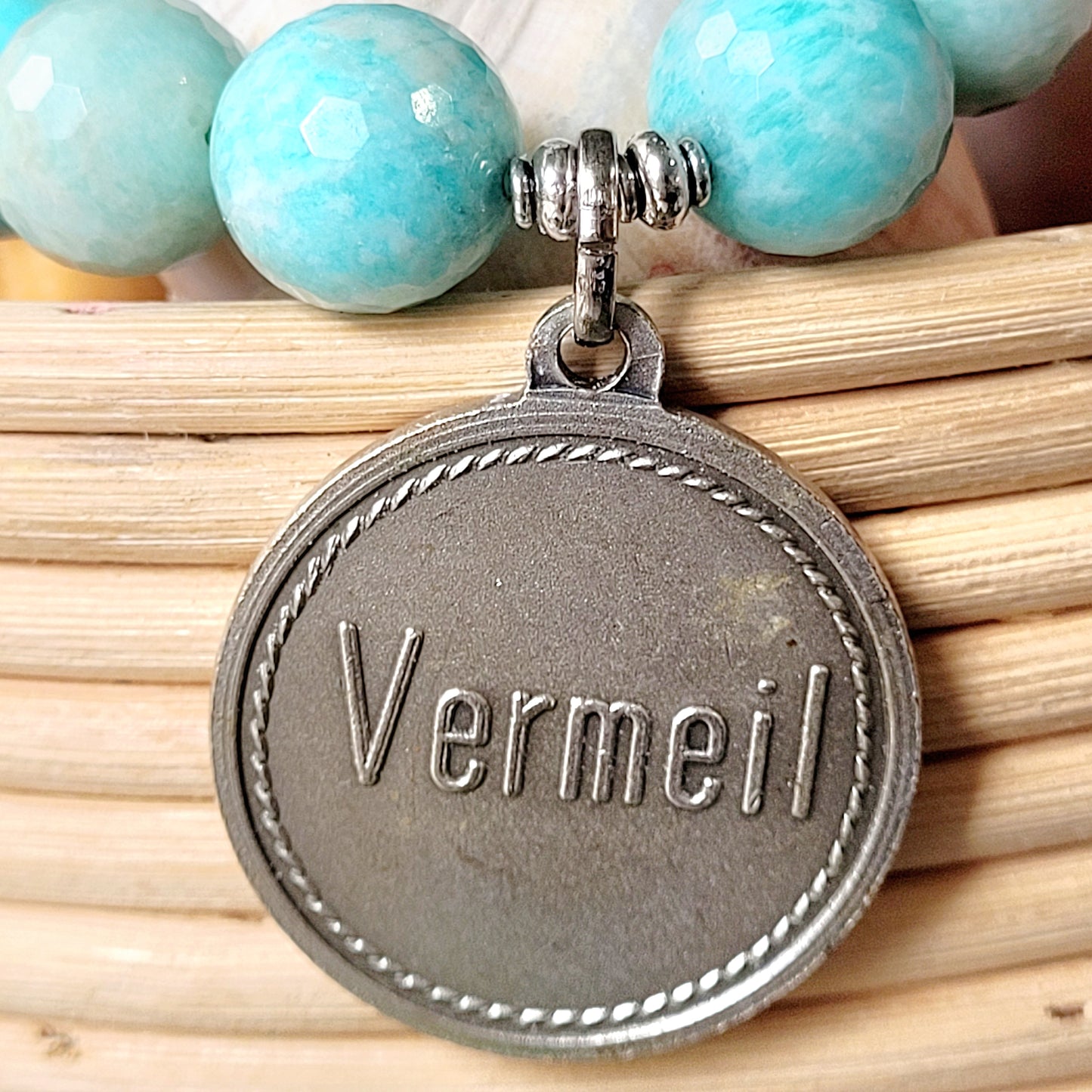 Brazilian Amazonite Faceted 14mm Beaded Bracelet w/ Large Signed Silver Medal of St. John Paul II