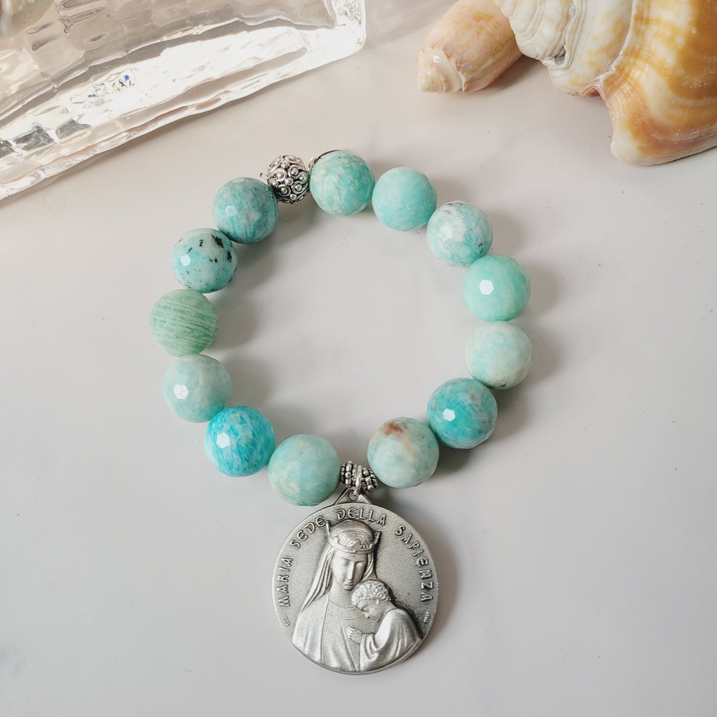Brazilian Amazonite Faceted 14mm Beaded Bracelet w/ Large Signed Silver Medal of The Blessed Virgin Mary holding the Child Jesus, on the back