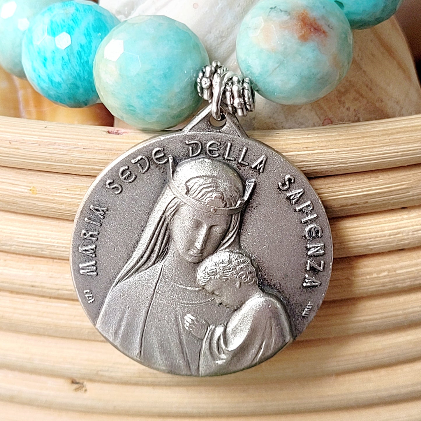 Brazilian Amazonite Faceted 14mm Beaded Bracelet w/ Large Signed Silver Medal of The Blessed Virgin Mary holding the Child Jesus, on the back