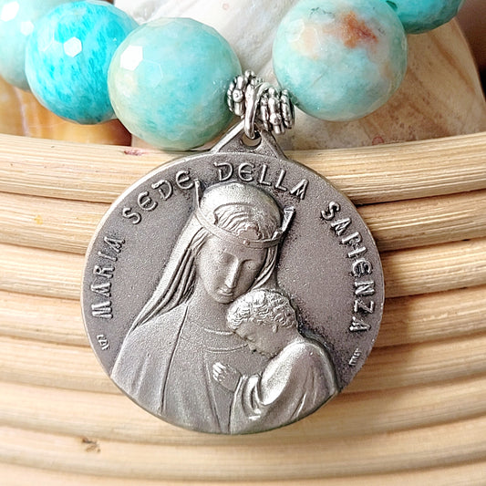 Brazilian Amazonite Faceted 14mm Beaded Bracelet w/ Large Signed Silver Medal of The Blessed Virgin Mary holding the Child Jesus, on the back