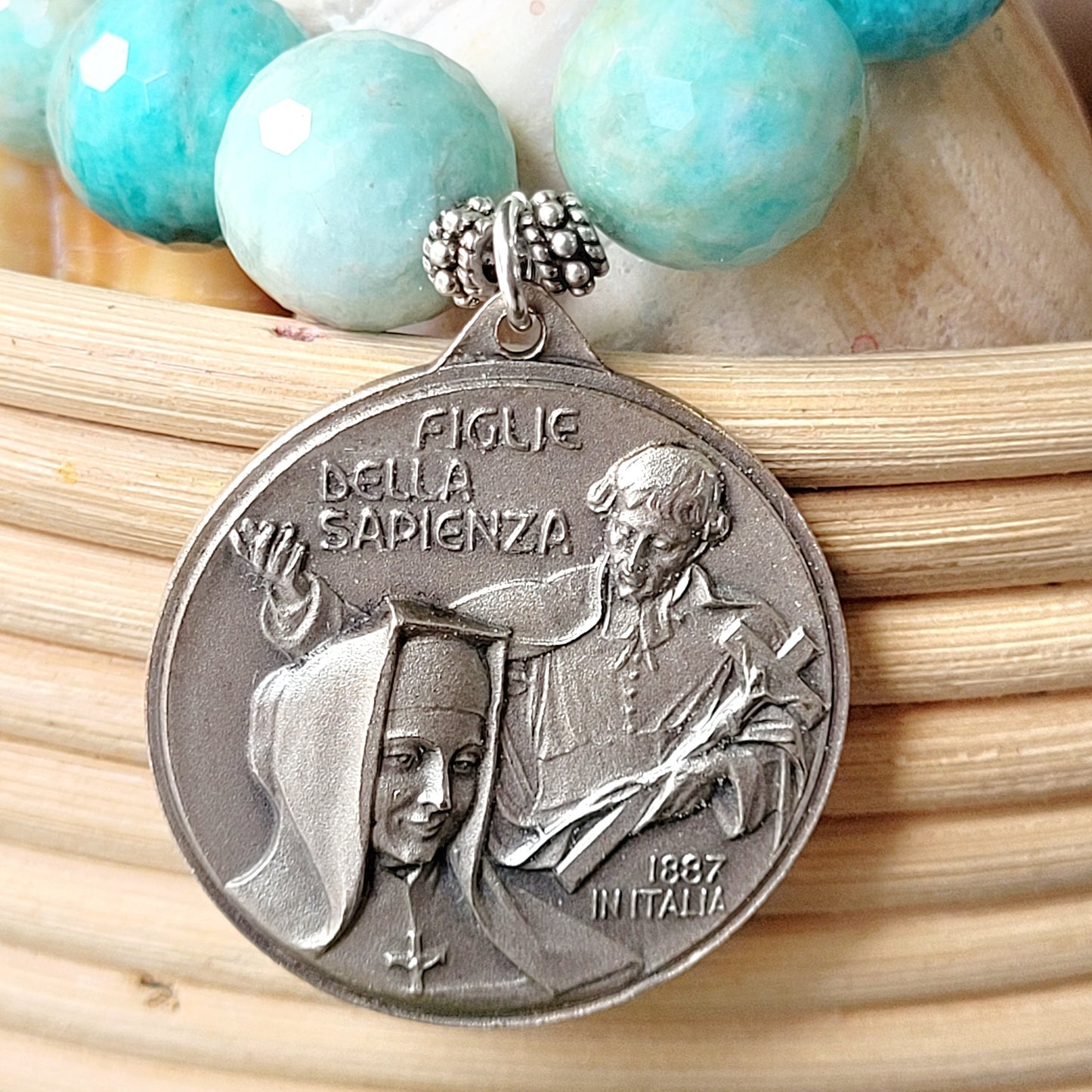 Brazilian Amazonite Faceted 14mm Beaded Bracelet w/ Large Signed Silver Medal of The Blessed Virgin Mary holding the Child Jesus, on the back