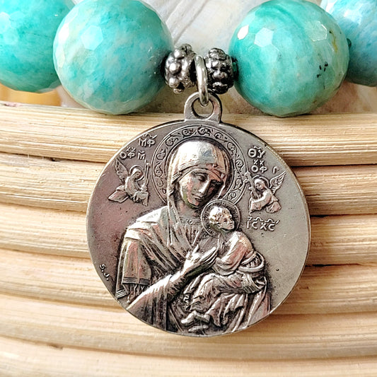 Brazilian Amazonite Faceted 14mm Beaded Bracelet w/ Large Signed Medal of Our Lady of Perpetual Help on the back is Pope Pius X