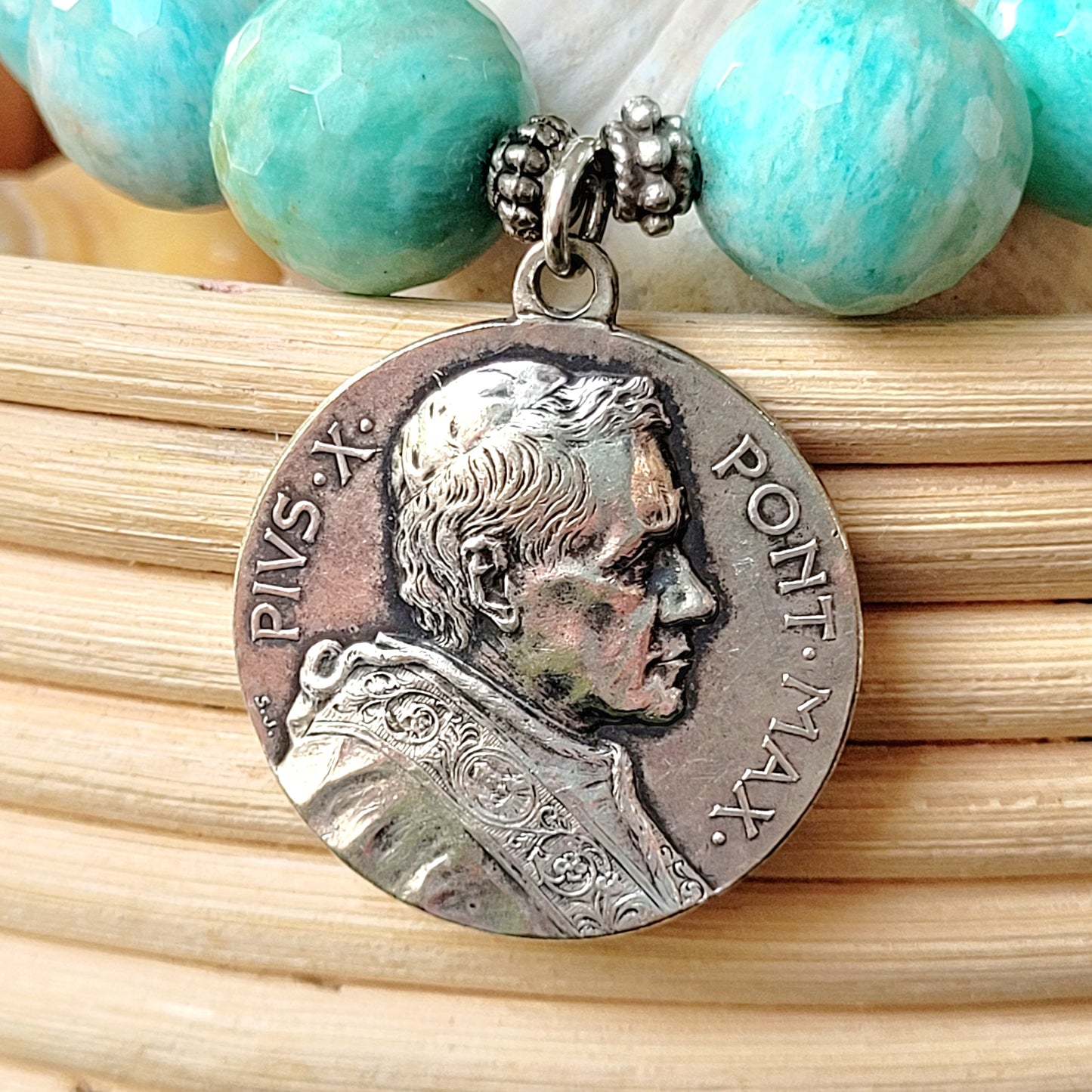 Brazilian Amazonite Faceted 14mm Beaded Bracelet w/ Large Signed Medal of Our Lady of Perpetual Help on the back is Pope Pius X