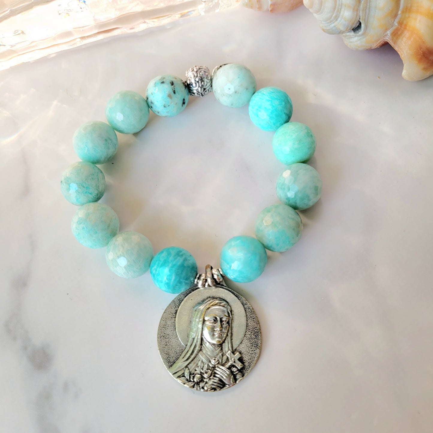 Brazilian Amazonite Faceted 14mm Beaded Bracelet w/ Large Silver Signed Medal of St. Therese of Lisieux