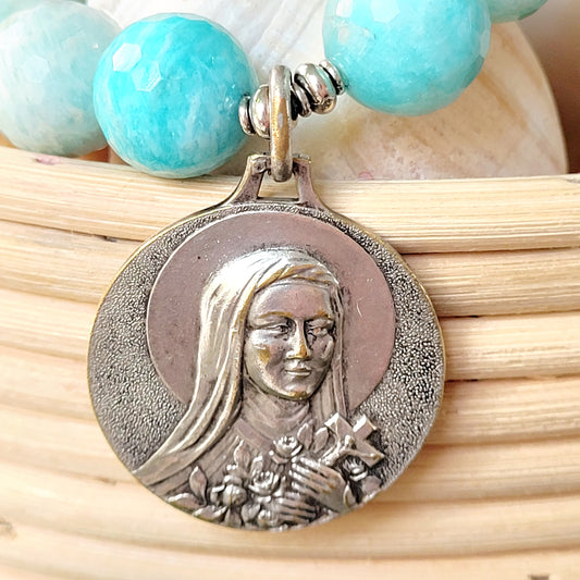 Brazilian Amazonite Faceted 14mm Beaded Bracelet w/ Large Silver Signed Medal of St. Therese of Lisieux
