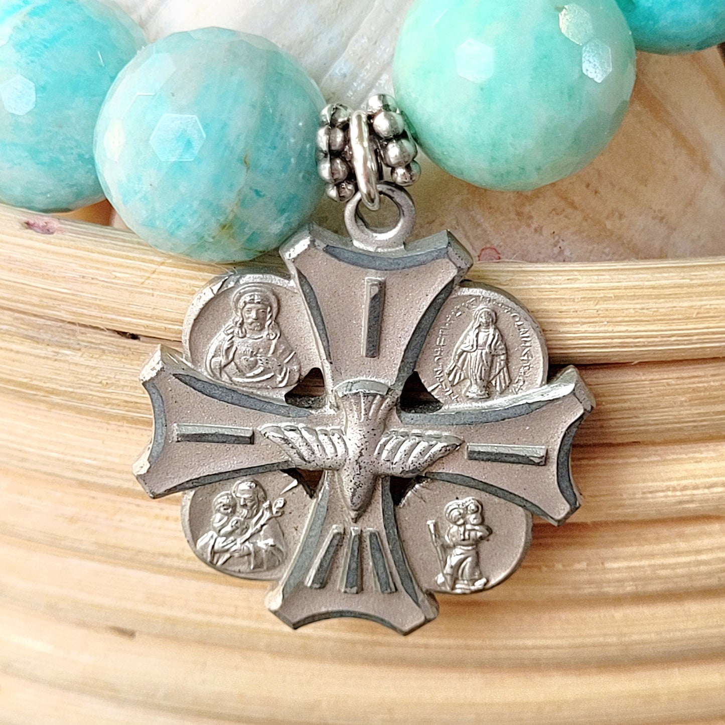 Brazilian Amazonite Faceted 14mm Beaded Bracelet w/ Silver Four Way Cross from Germany