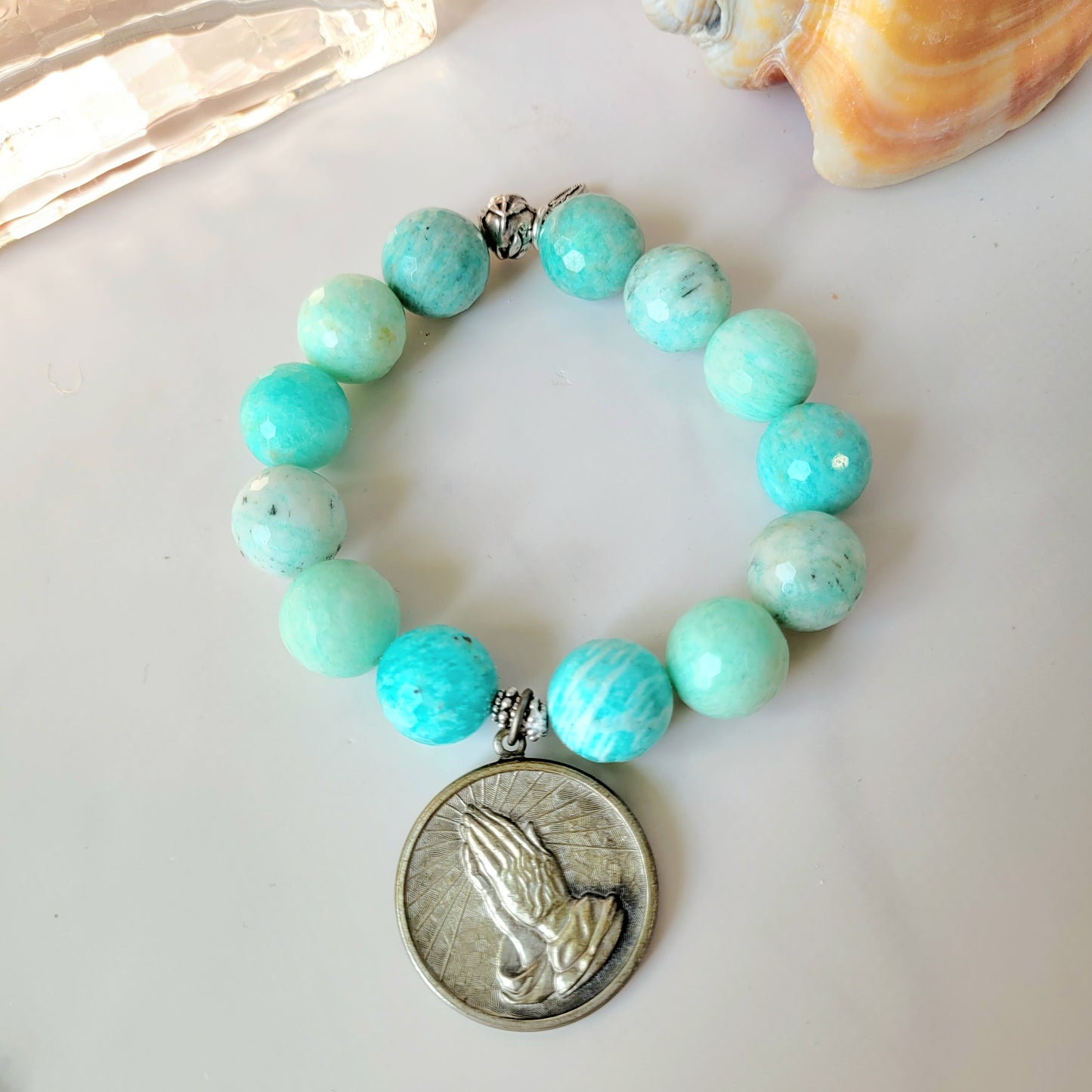 Brazilian Amazonite Faceted 14mm Beaded Bracelet w/ Silver Medal of Praying Hands and Serenity Prayer on the back