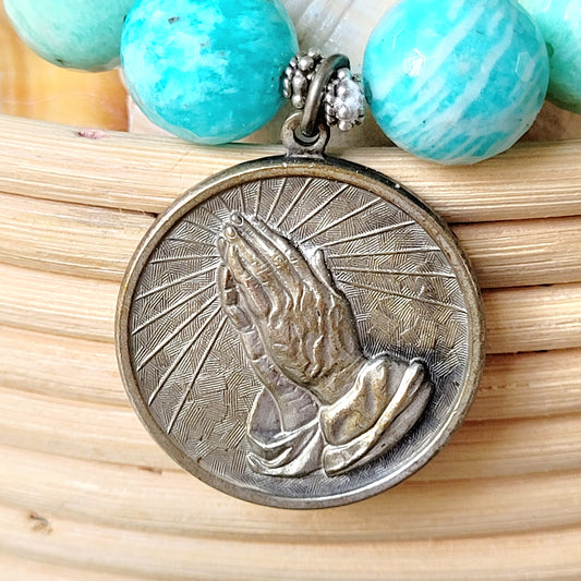 Brazilian Amazonite Faceted 14mm Beaded Bracelet w/ Silver Medal of Praying Hands and Serenity Prayer on the back