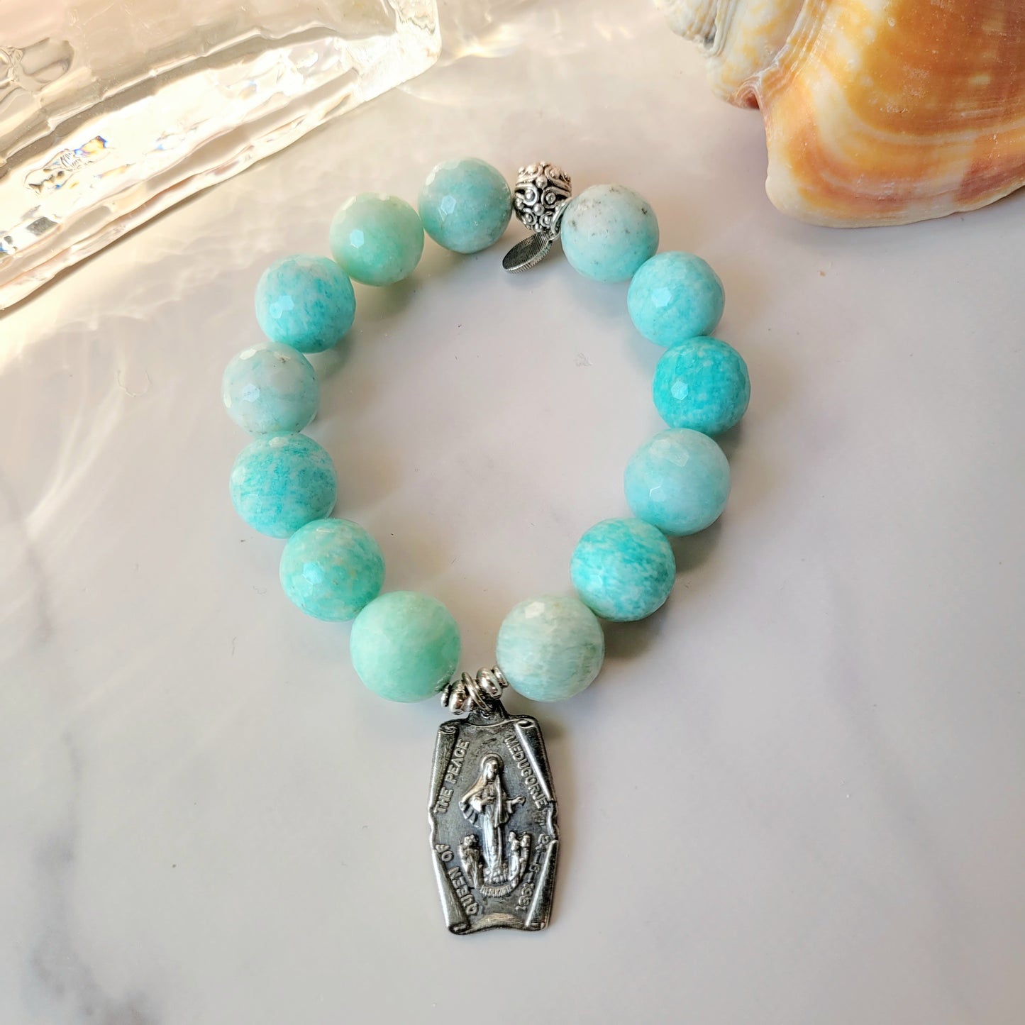 Brazilian Amazonite Faceted 14mm Beaded Bracelet w/ Heavy Silver Medal of Our Lady of Medugorje