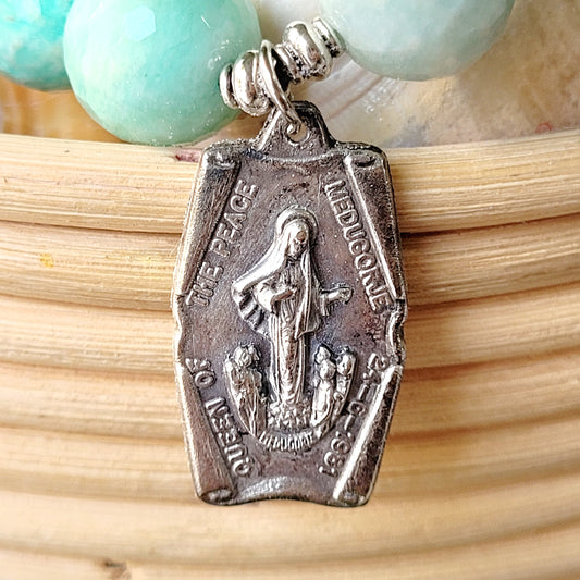 Brazilian Amazonite Faceted 14mm Beaded Bracelet w/ Heavy Silver Medal of Our Lady of Medugorje