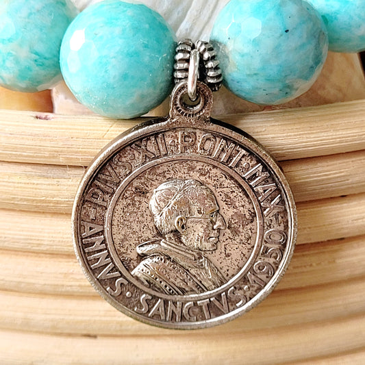 Brazilian Amazonite Faceted 14mm Beaded Bracelet w/ Vintage Medal of Pope Pius XII and Holy Year of 1950