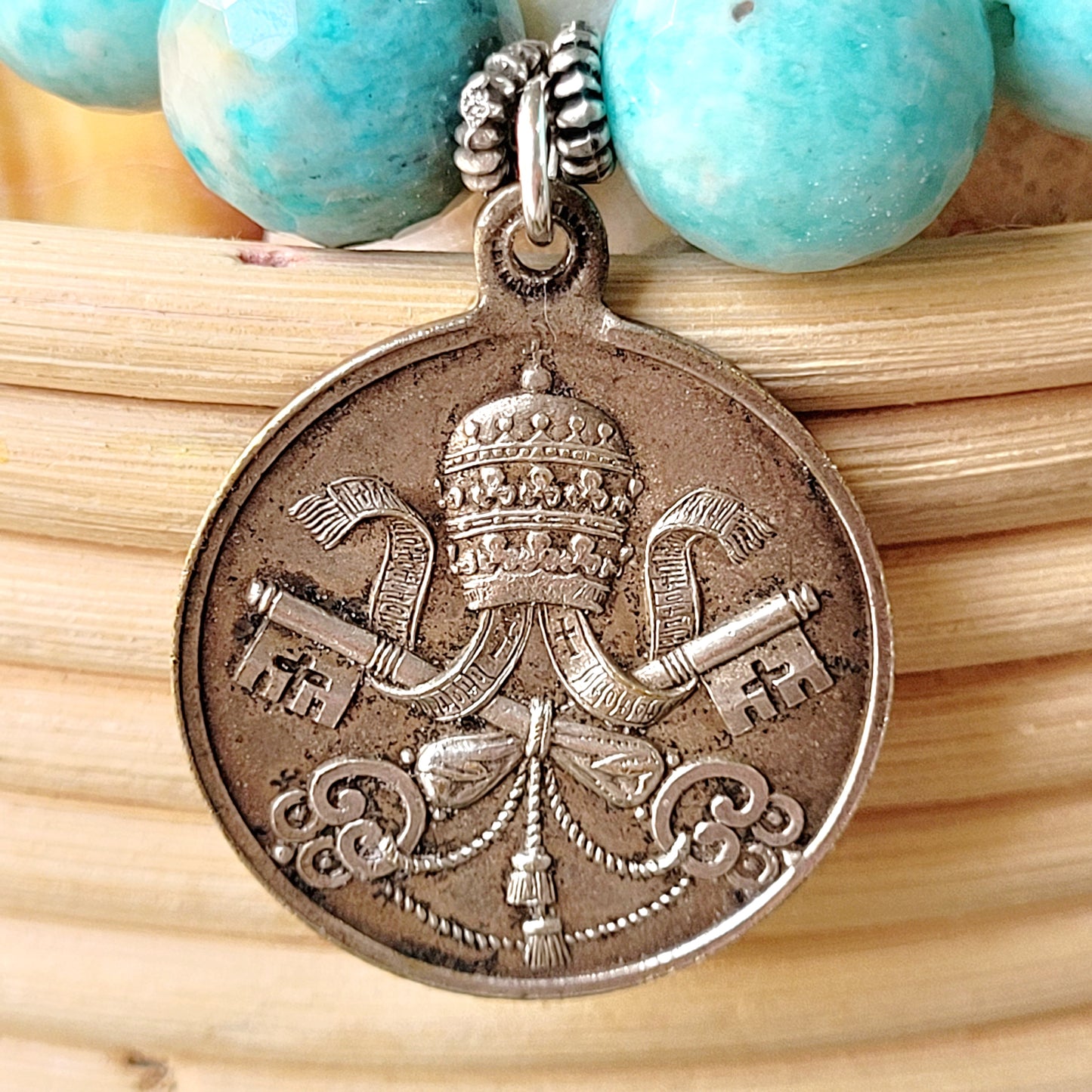 Brazilian Amazonite Faceted 14mm Beaded Bracelet w/ Vintage Medal of Pope Pius XII and Holy Year of 1950