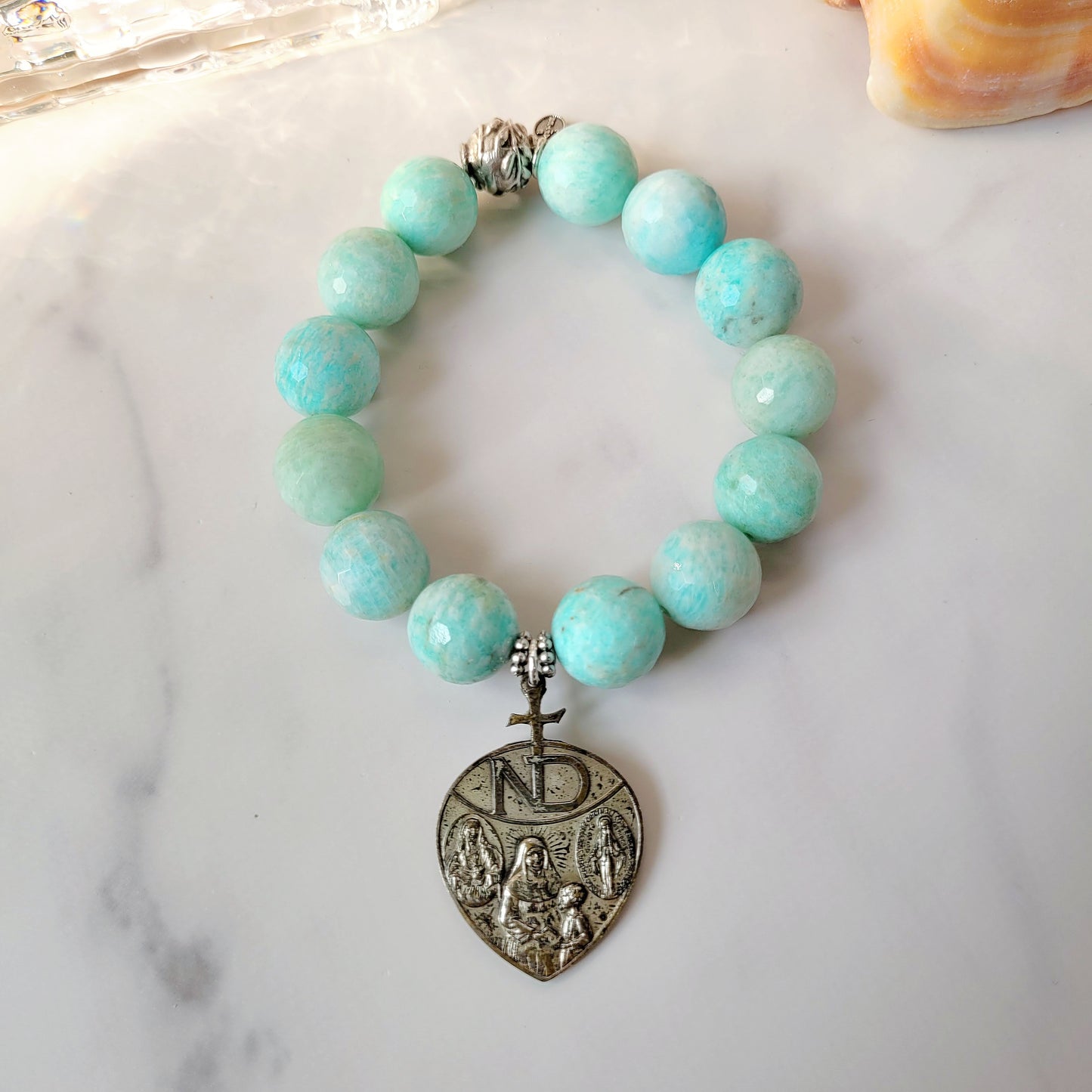 Brazilian Amazonite Faceted 14mm Beaded Bracelet w/ Well Loved Vintage Medal of Notre Dame on front and Blessed Julia Billiart on the back