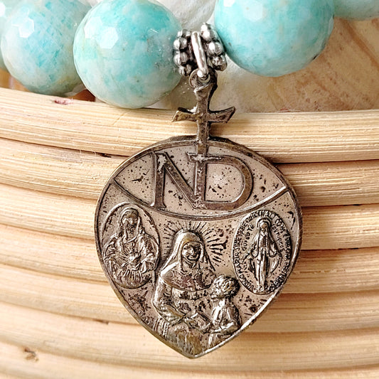 Brazilian Amazonite Faceted 14mm Beaded Bracelet w/ Well Loved Vintage Medal of Notre Dame on front and Blessed Julia Billiart on the back