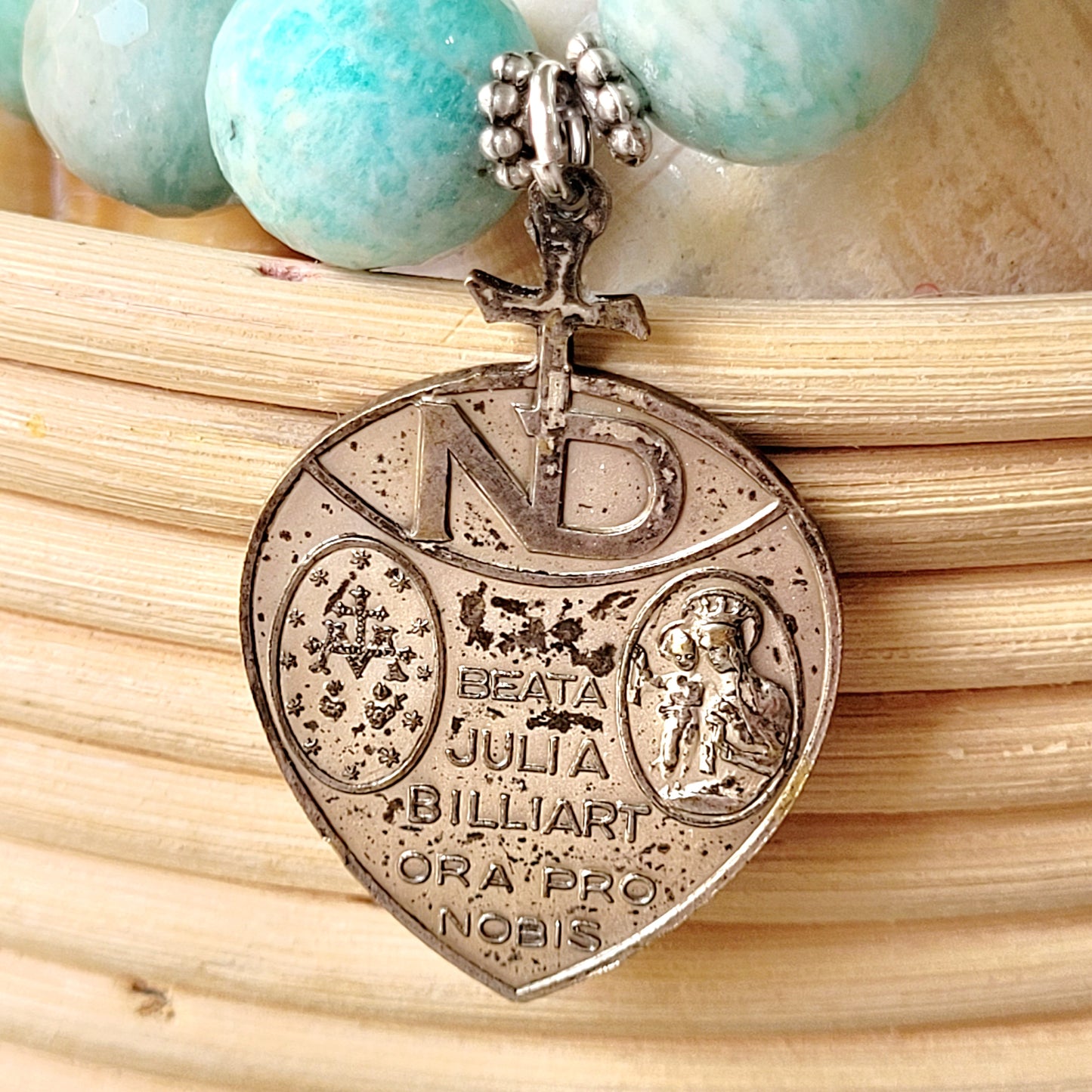 Brazilian Amazonite Faceted 14mm Beaded Bracelet w/ Well Loved Vintage Medal of Notre Dame on front and Blessed Julia Billiart on the back