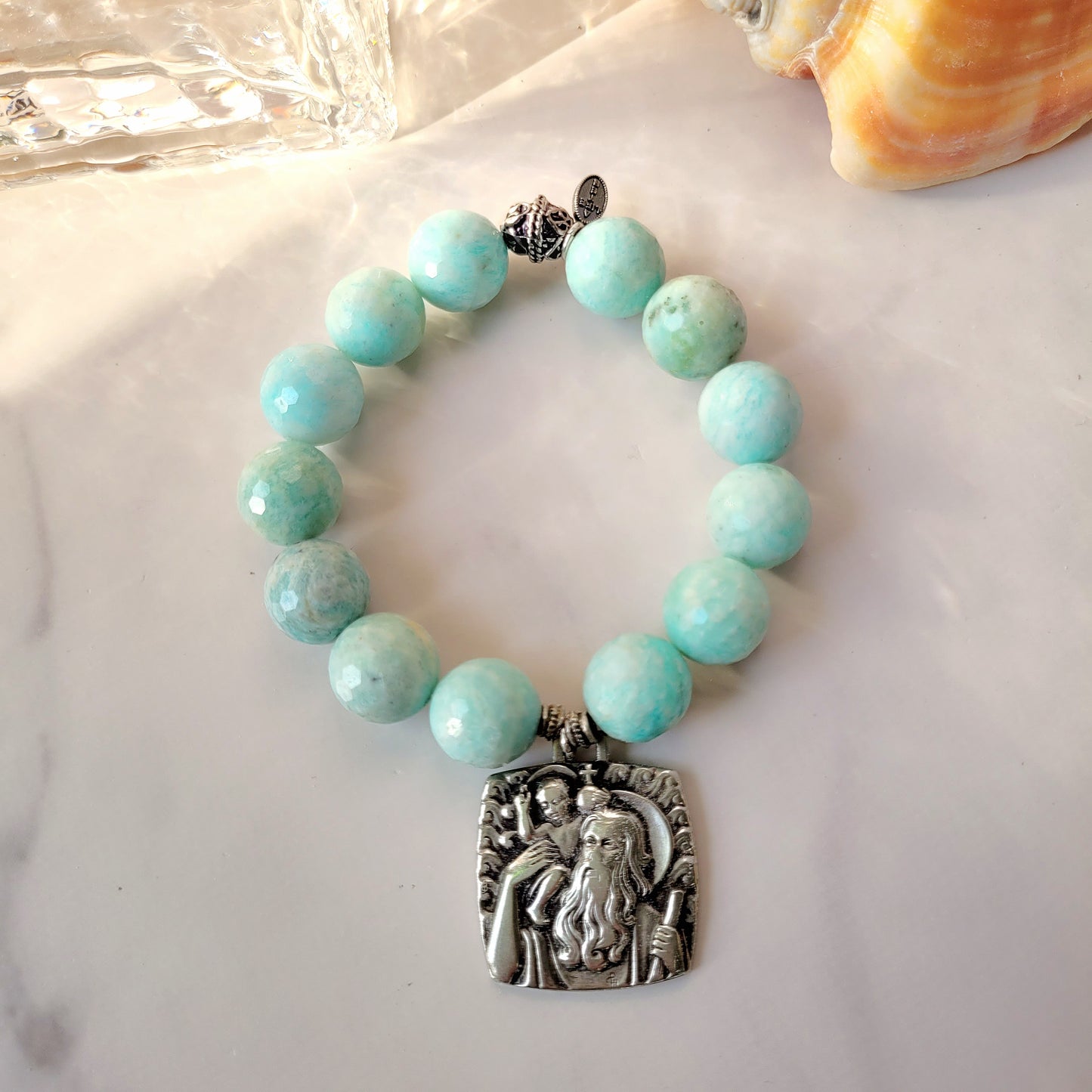 Brazilian Amazonite Faceted 14mm Beaded Bracelet w/ Large Signed Sterling Silver Medal of St. Christopher
