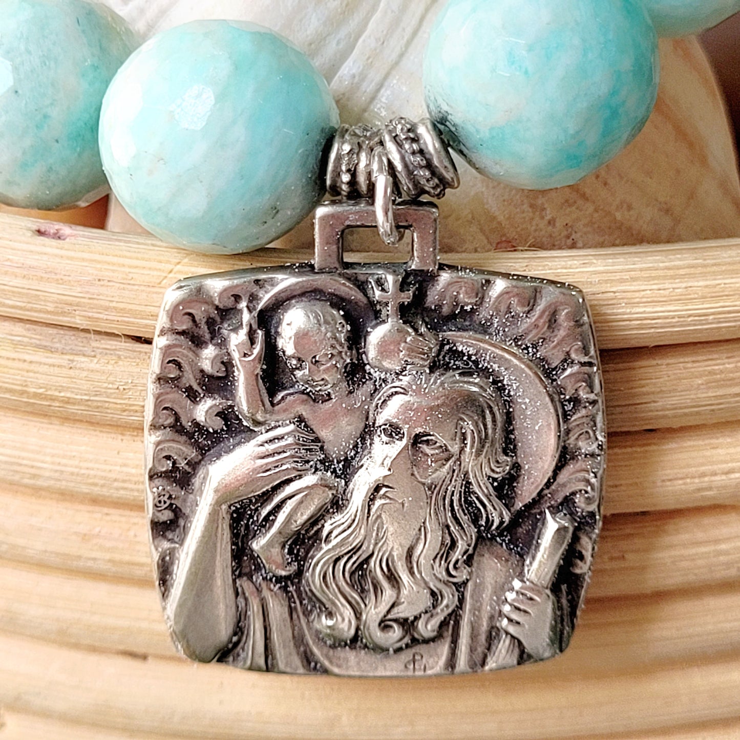 Brazilian Amazonite Faceted 14mm Beaded Bracelet w/ Large Signed Sterling Silver Medal of St. Christopher