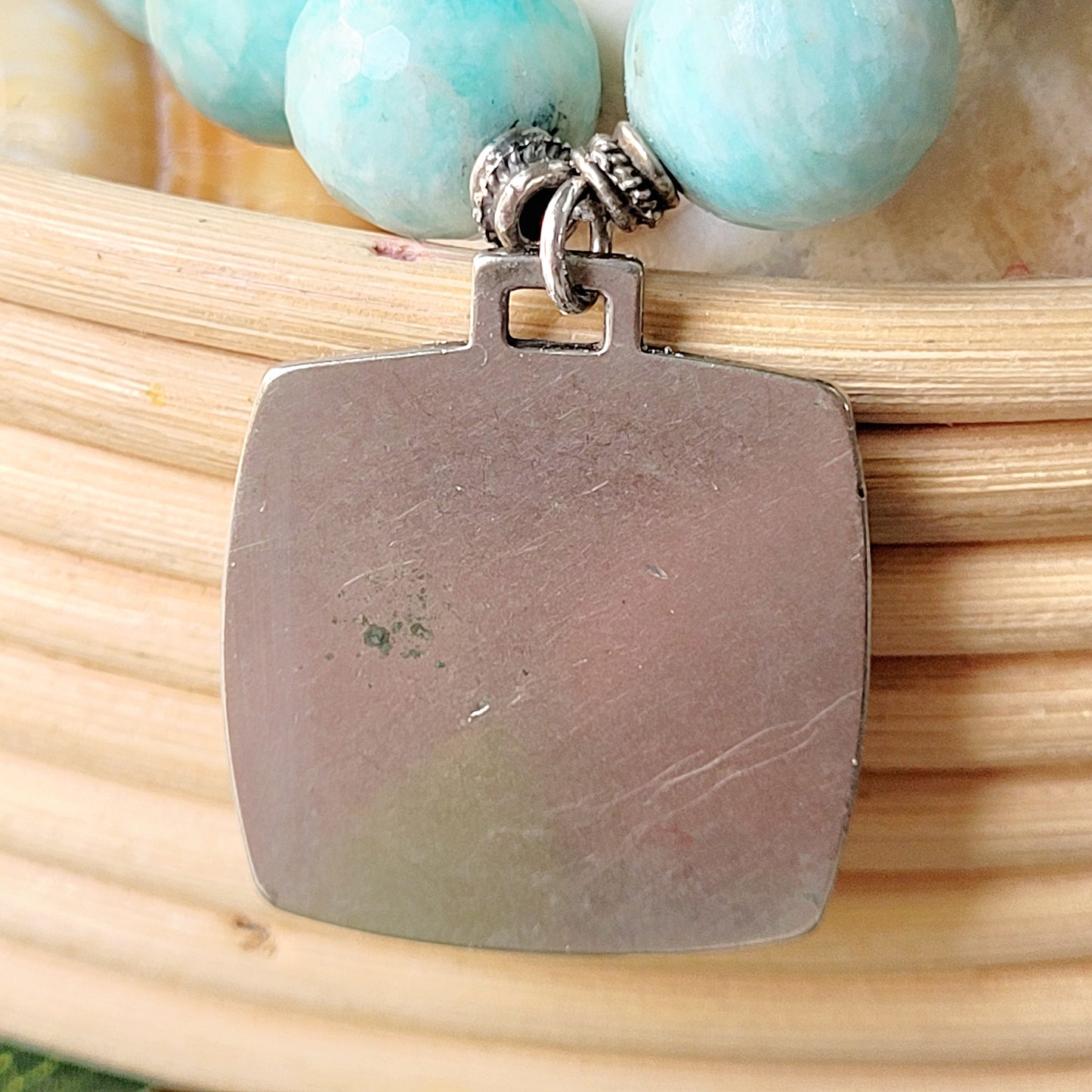 Brazilian Amazonite Faceted 14mm Beaded Bracelet w/ Large Signed Sterling Silver Medal of St. Christopher