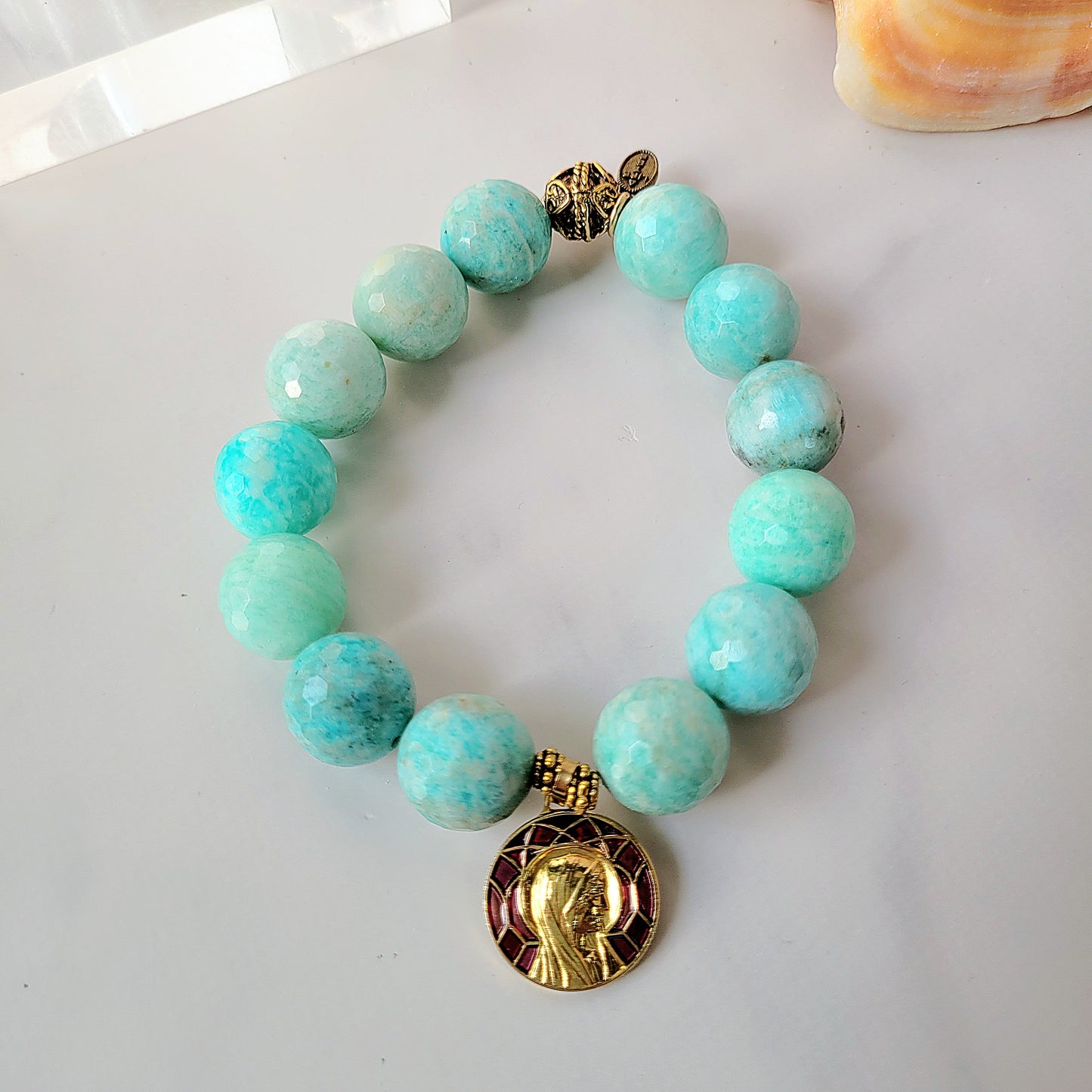 Brazilian Amazonite Faceted 14mm Beaded Bracelet w/ Enameled Gold-plated Medal of The Blessed Virgin Mary