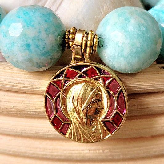 Brazilian Amazonite Faceted 14mm Beaded Bracelet w/ Enameled Gold-plated Medal of The Blessed Virgin Mary