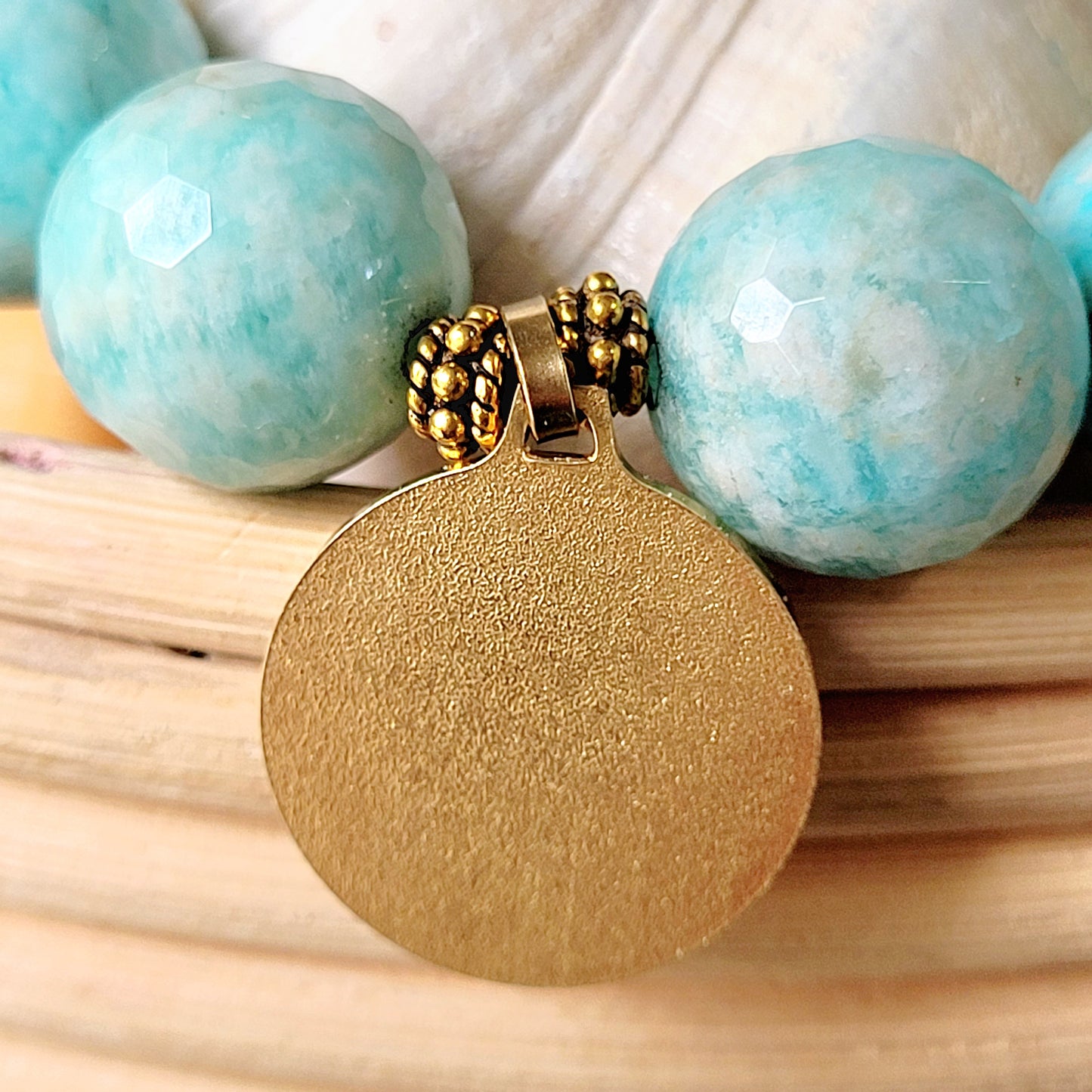 Brazilian Amazonite Faceted 14mm Beaded Bracelet w/ Enameled Gold-plated Medal of The Blessed Virgin Mary