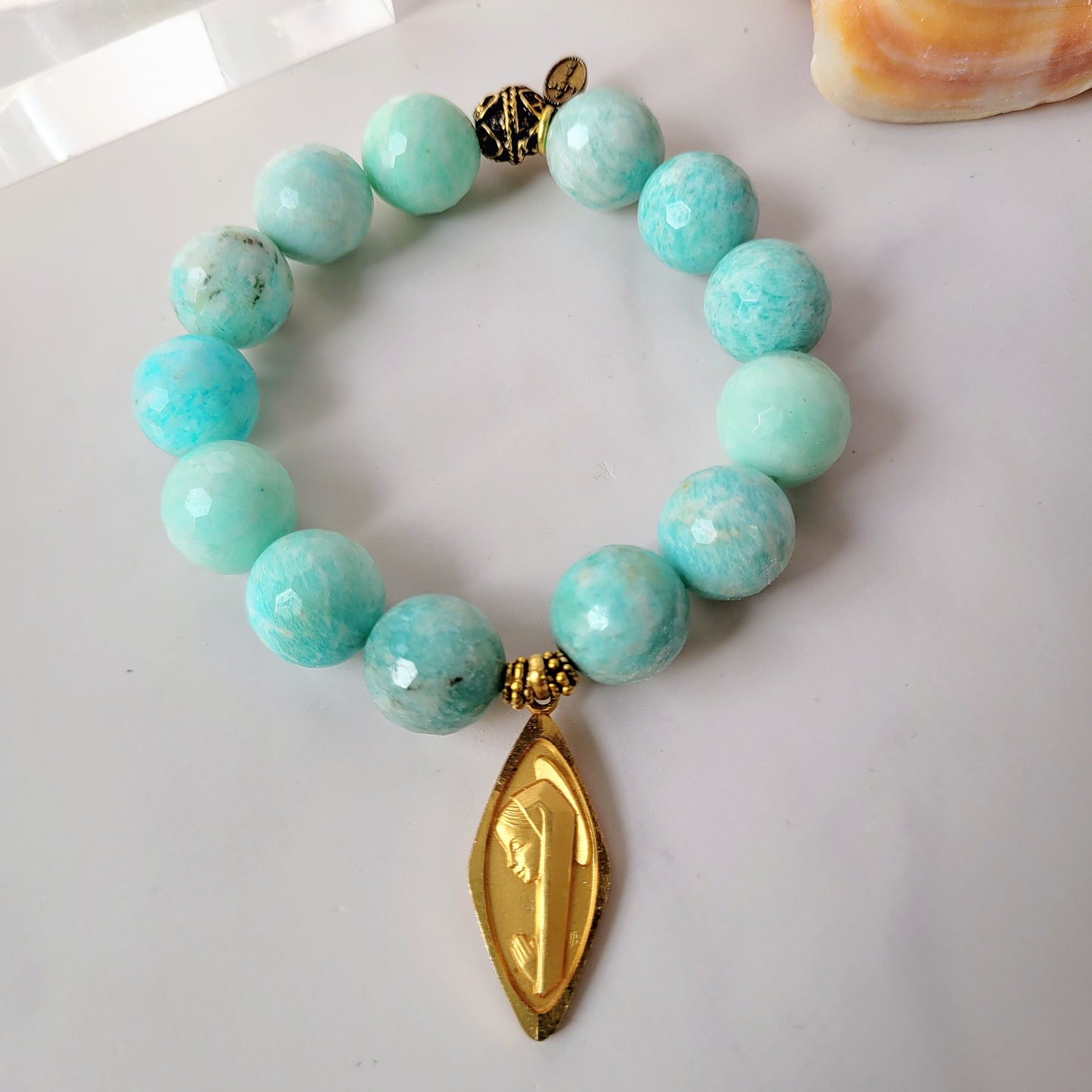 Brazilian Amazonite Faceted 14mm Beaded Bracelet w/ Signed Diamond Shaped Gold-plated Medal of The Virgin Mary