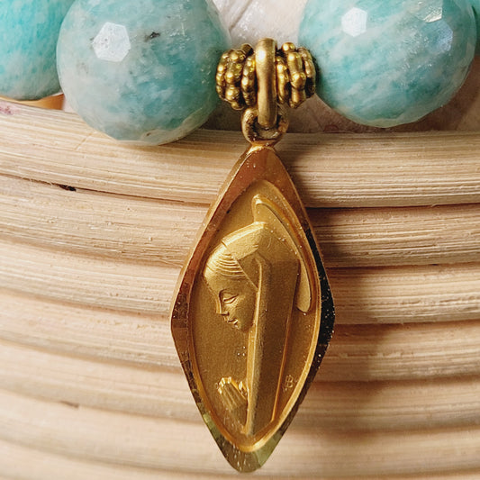 Brazilian Amazonite Faceted 14mm Beaded Bracelet w/ Signed Diamond Shaped Gold-plated Medal of The Virgin Mary