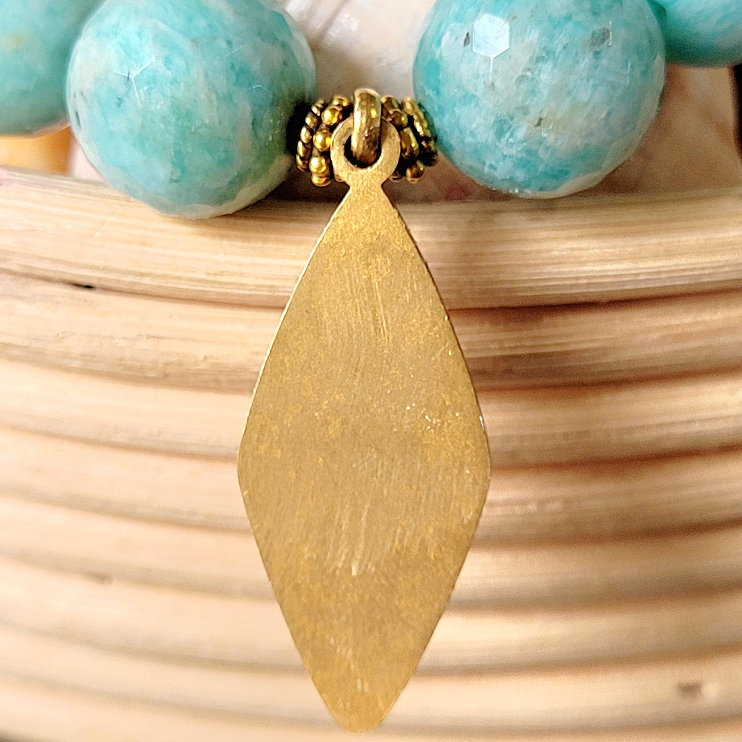 Brazilian Amazonite Faceted 14mm Beaded Bracelet w/ Signed Diamond Shaped Gold-plated Medal of The Virgin Mary