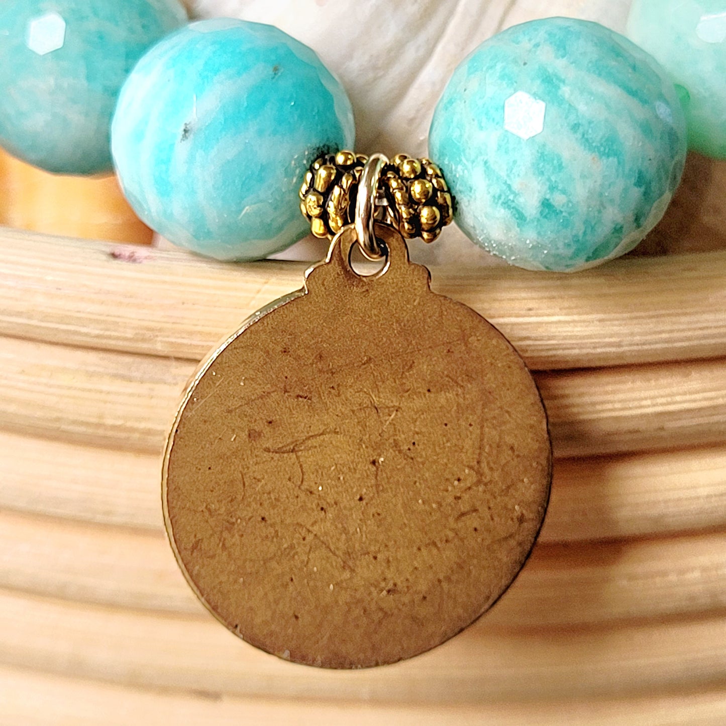 Brazilian Amazonite Faceted 14mm Beaded Bracelet w/ Large Gold-plated Medal of The Virgin Mary