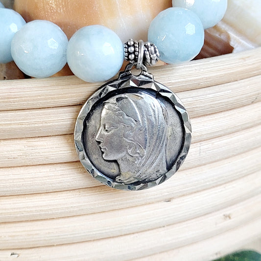 Aquamarine Faceted 12mm Beaded Bracelet w/ Signed Silver Medal of Our Lady of Lourdes