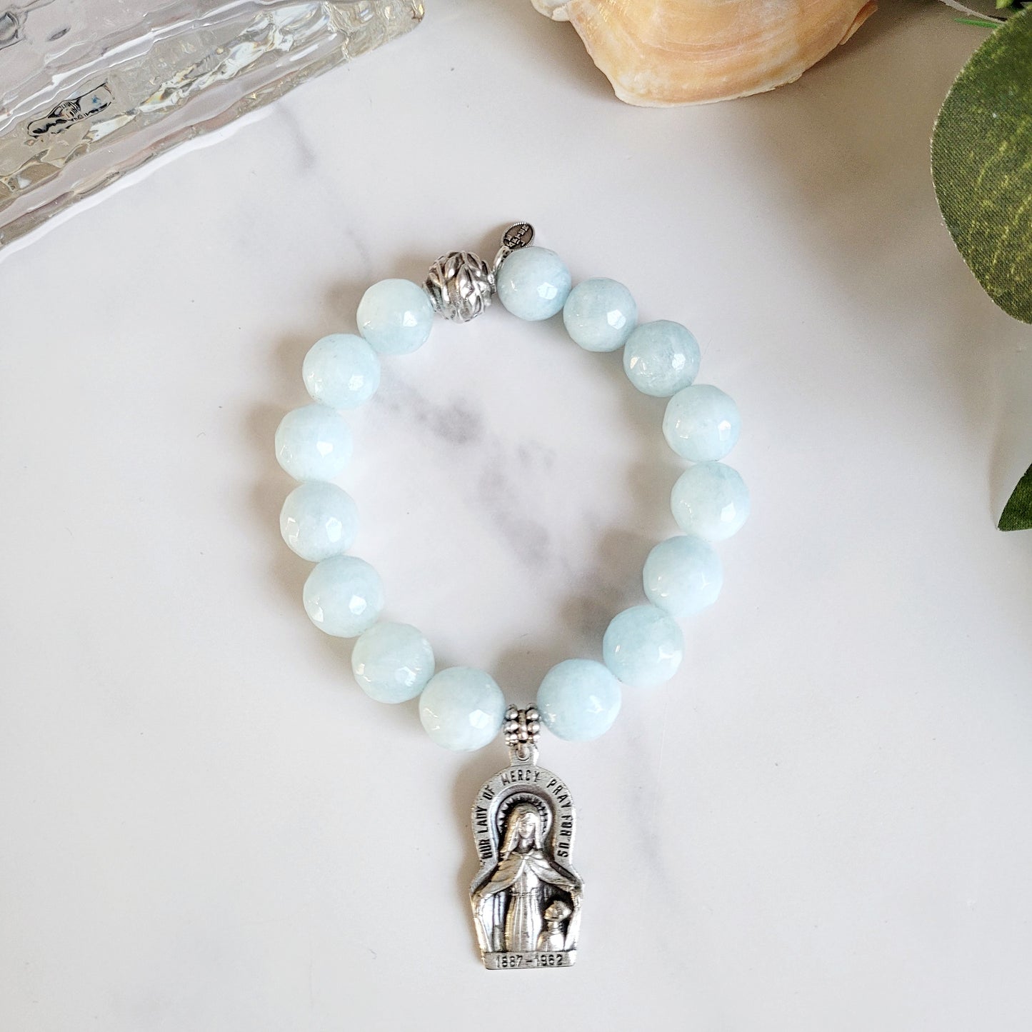 Aquamarine Faceted 12mm Beaded Bracelet w/ Large Silver Our Lady of Mercy Medal, on the back The Sacred Heart of Jesus