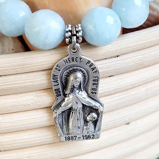 Aquamarine Faceted 12mm Beaded Bracelet w/ Large Silver Our Lady of Mercy Medal, on the back The Sacred Heart of Jesus