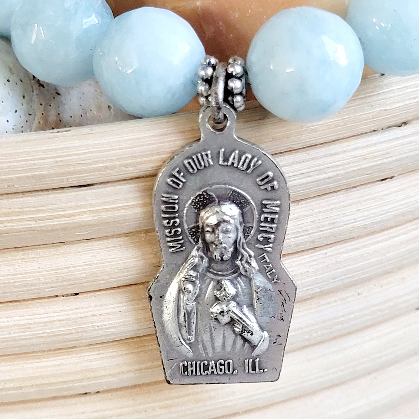 Aquamarine Faceted 12mm Beaded Bracelet w/ Large Silver Our Lady of Mercy Medal, on the back The Sacred Heart of Jesus