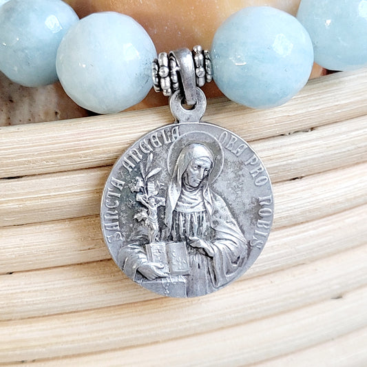 Aquamarine Faceted 12mm Beaded Bracelet w/ Sterling Silver Medal of St. Angela and St. Ursula