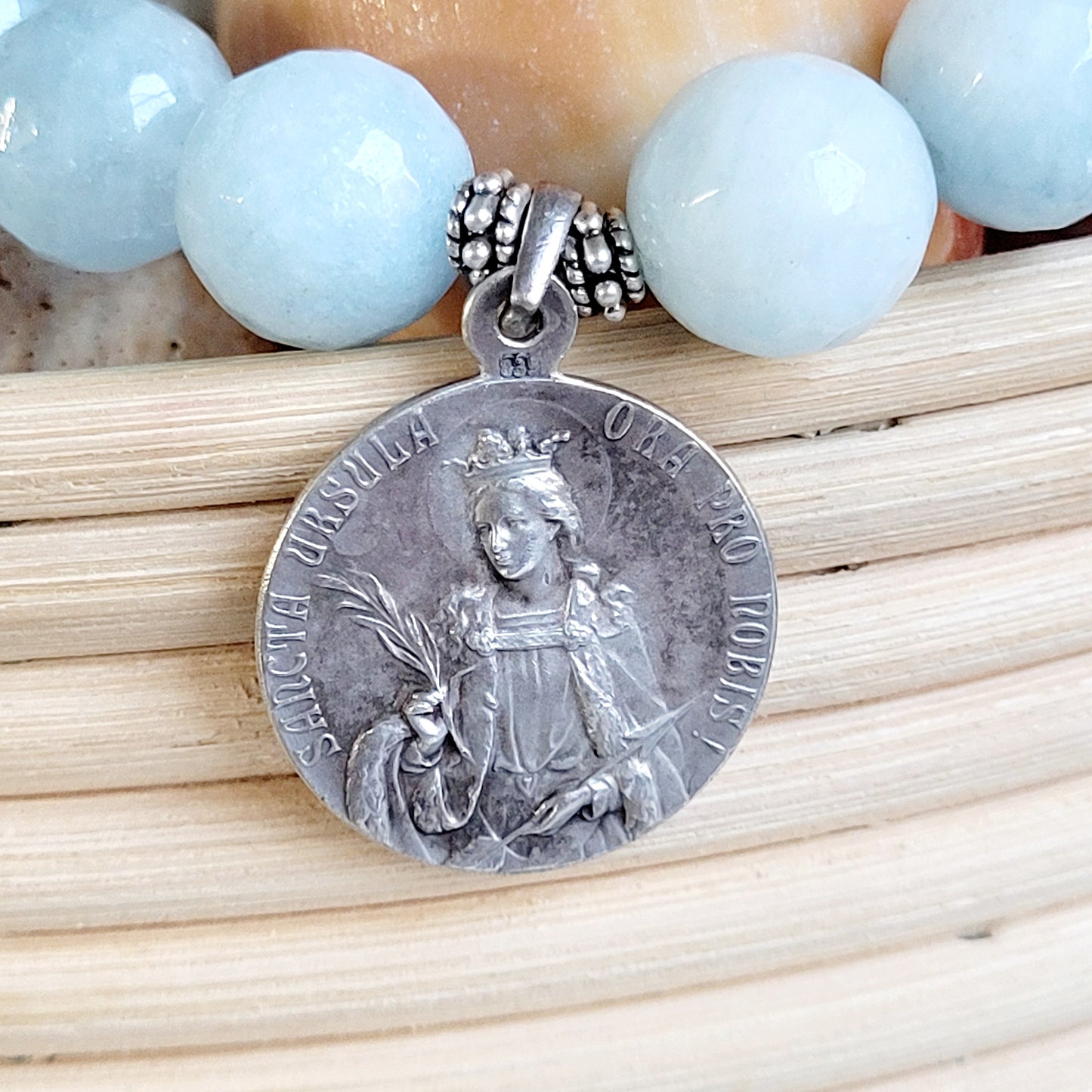 Aquamarine Faceted 12mm Beaded Bracelet w/ Sterling Silver Medal of St. Angela and St. Ursula