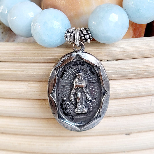 Aquamarine Faceted 12mm Beaded Bracelet w/ Silver Medal of Immaculate Mary