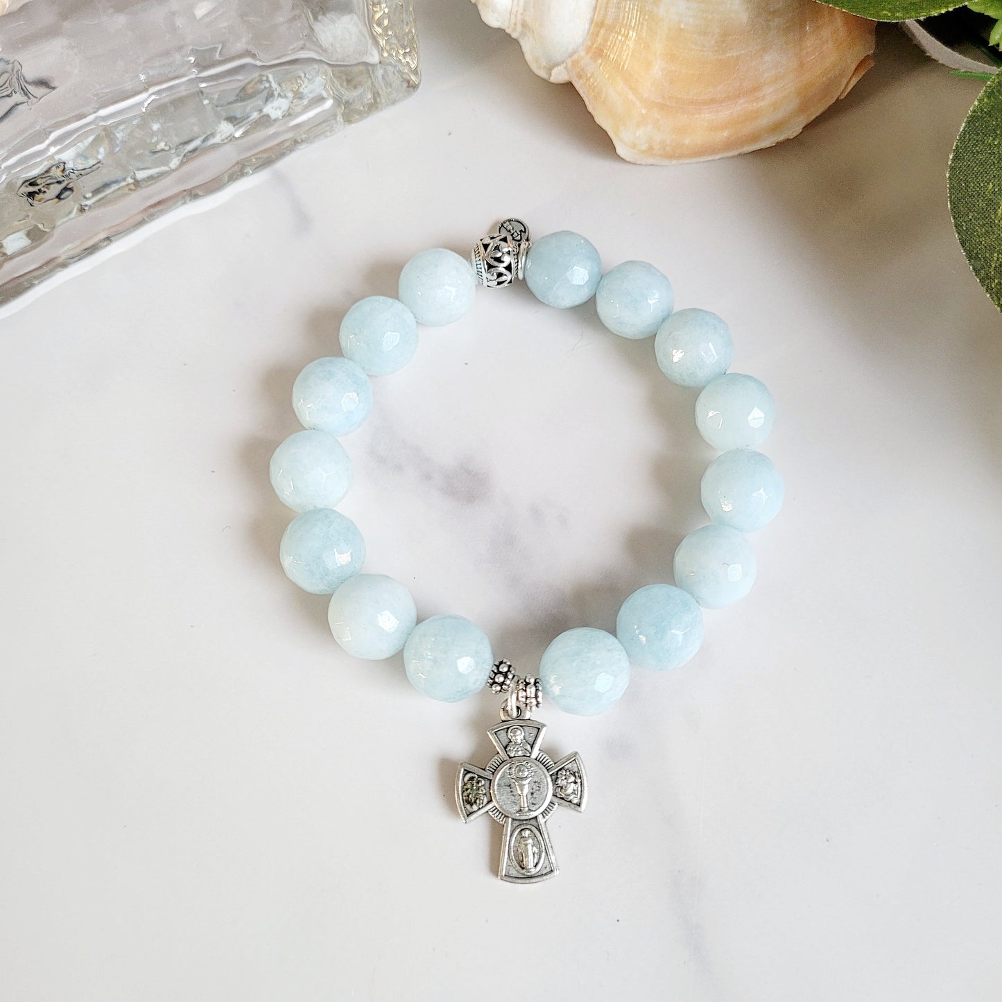 Aquamarine Faceted 12mm Beaded Bracelet w/ Heavy Silver Four Way Cross