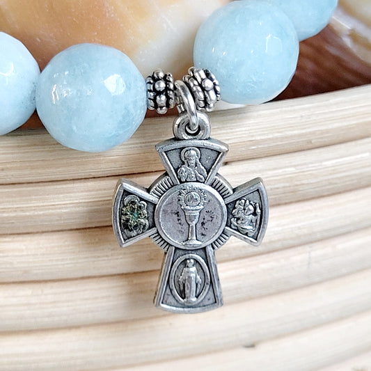 Aquamarine Faceted 12mm Beaded Bracelet w/ Heavy Silver Four Way Cross